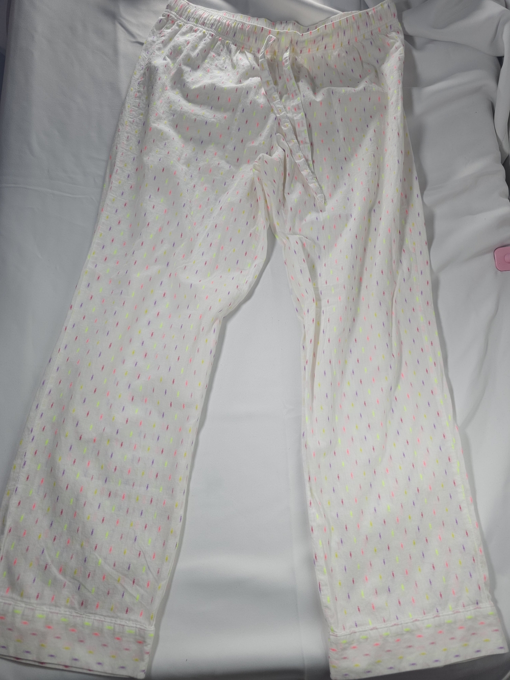 Victoria's Secret White Pajama Set with Neon Pink and Neon Yellow Dot Accents - Picture 6 of 7